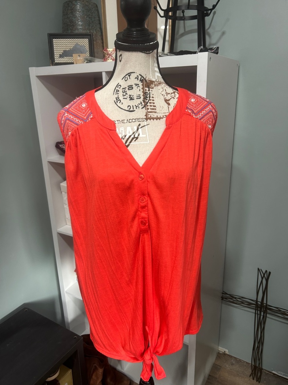 French Laundry Coral Button-Front Tie-Hem Blouse with Patterned Shoulders